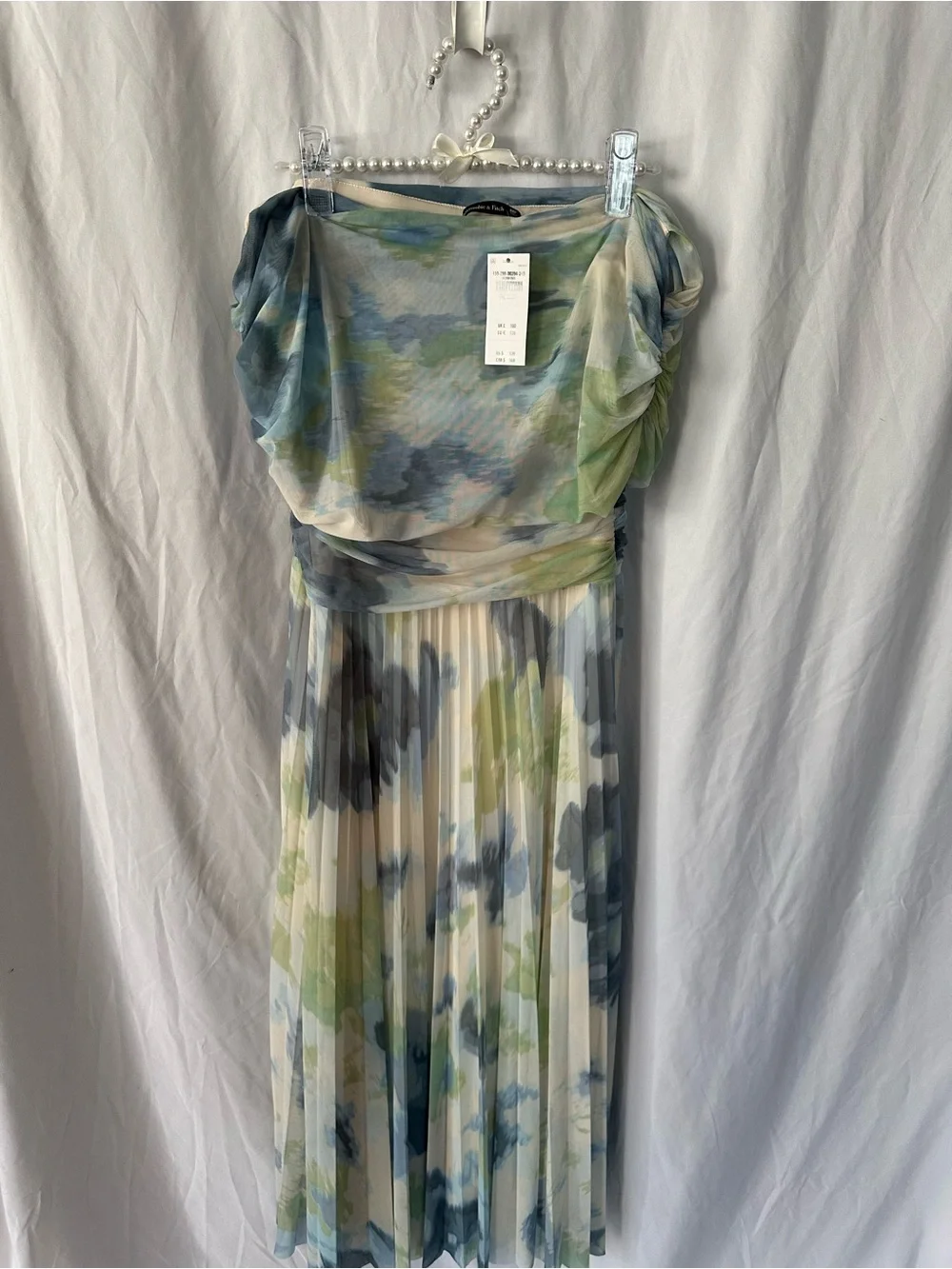 Abercrombie Giselle mesh drop waist Off-Shoulder Watercolor Maxi Dress NWT MP
